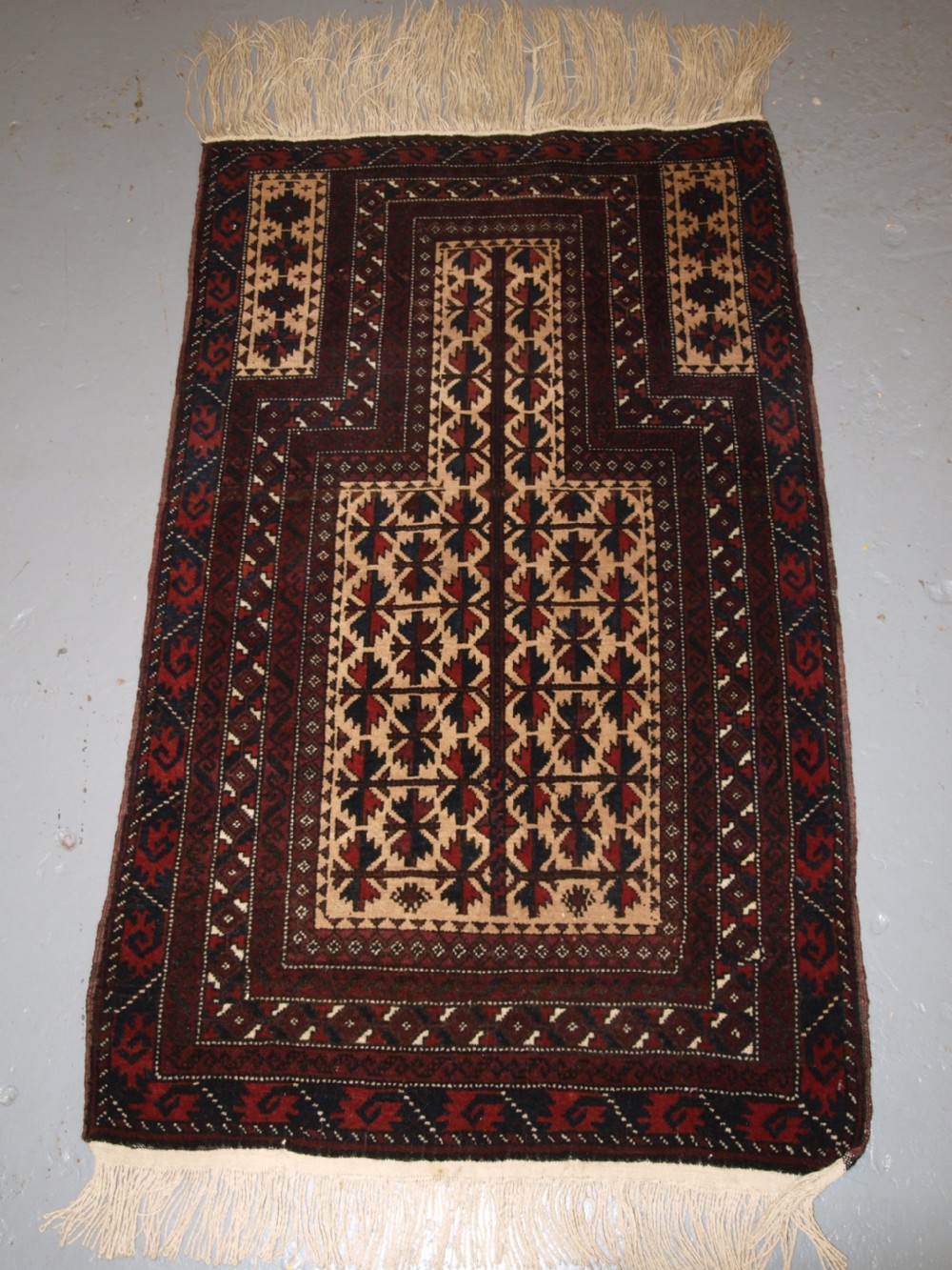 OLD AFGHAN BALUCH CAMEL GROUND PRAYER RUG WITH TREE OF LIFE, GREAT CONDITION, CIRCA 1920. View X