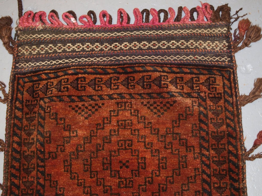 OLD AFGHAN BALUCH BALISHT GRAIN BAG, STRIPPED PLAIN WEAVE BACK, CIRCA 1920. View II