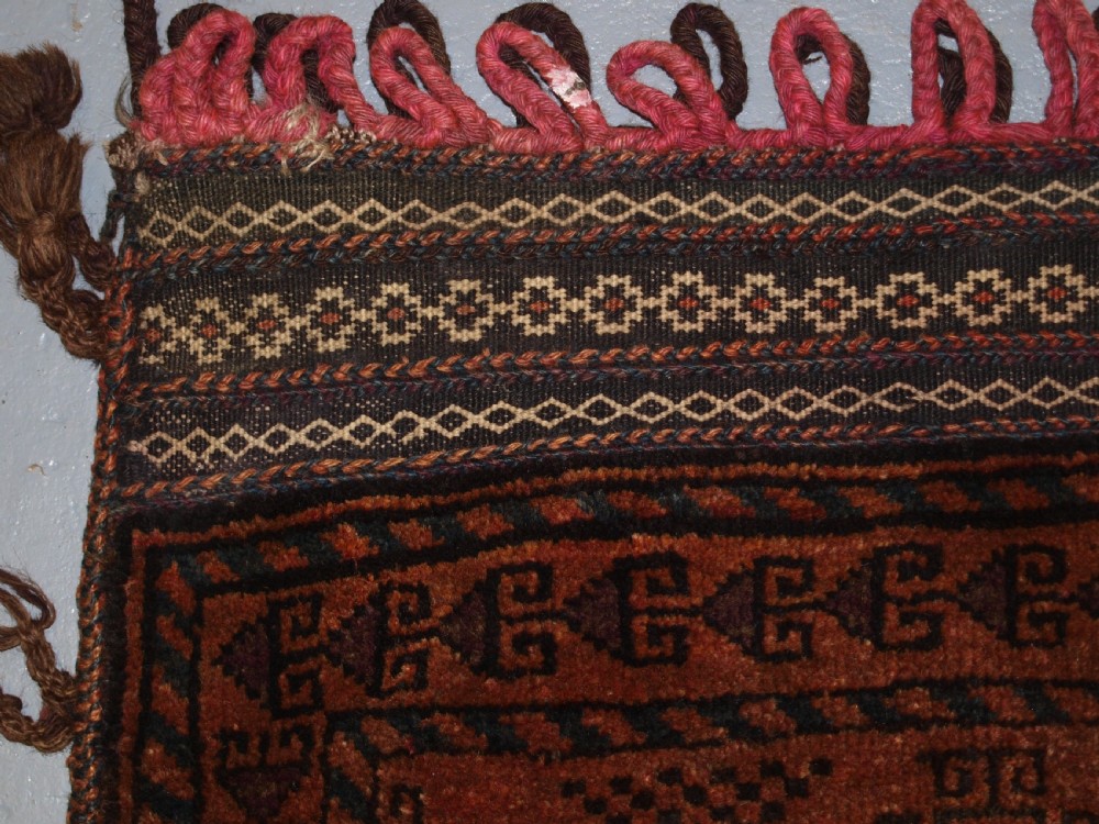OLD AFGHAN BALUCH BALISHT GRAIN BAG, STRIPPED PLAIN WEAVE BACK, CIRCA 1920. View V
