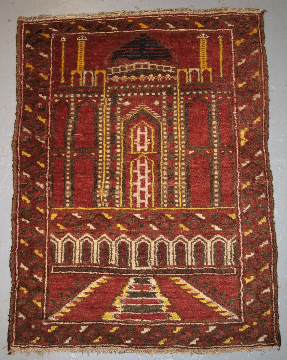 OLD AFGHAN KIZIL AYAK CHILDS MOSQUE PRAYER RUG, SCARCE EXAMPLE, CIRCA 1920.