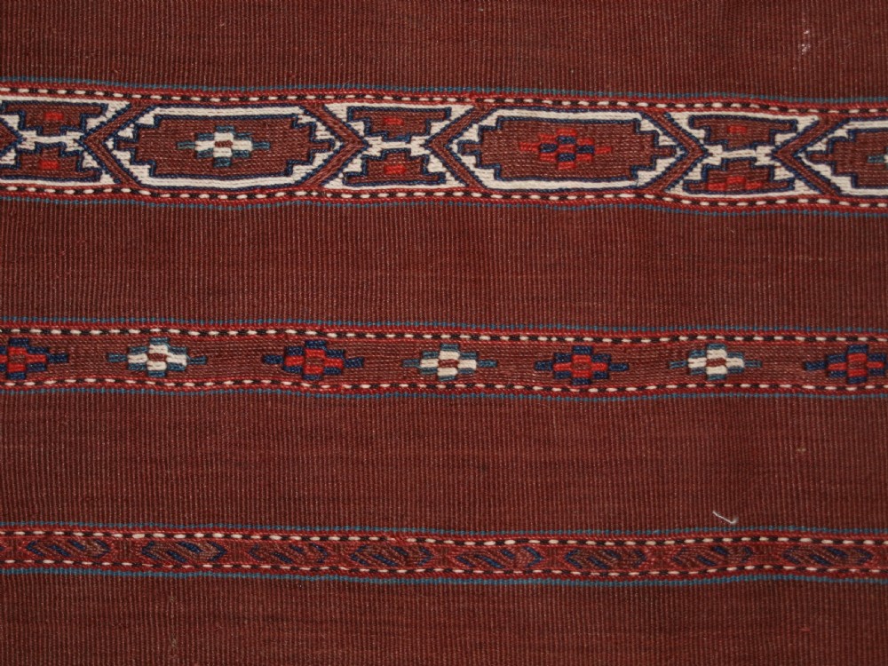 ANTIQUE TEKKE TURKMEN BANDED FLAT WOVEN CHUVAL, COMPLETE WITH BACK, CIRCA 1900. View VI
