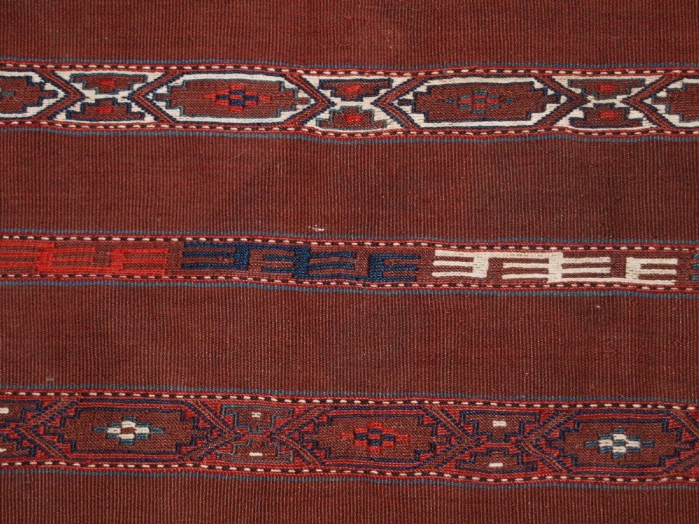 ANTIQUE TEKKE TURKMEN BANDED FLAT WOVEN CHUVAL, COMPLETE WITH BACK, CIRCA 1900. View VII