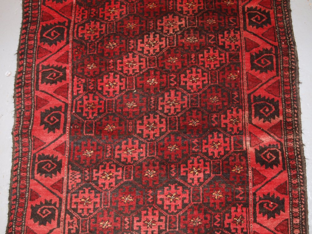 OLD AFGHAN RUG WITH REPEAT DESIGN, CURL LEAF BORDER, RUSTIC CHARM, CIRCA 1920. View V