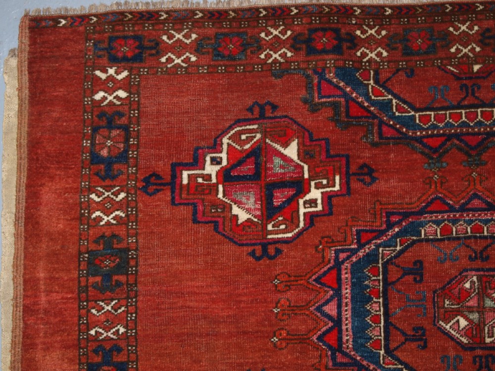 ANTIQUE ERSARI TURKMEN CHUVAL OF LARGE SIZE, UNUSUAL DESIGN WITH SILK HIGH LIGHTS, LATE 19TH CENTURY. (2 of pair). View V