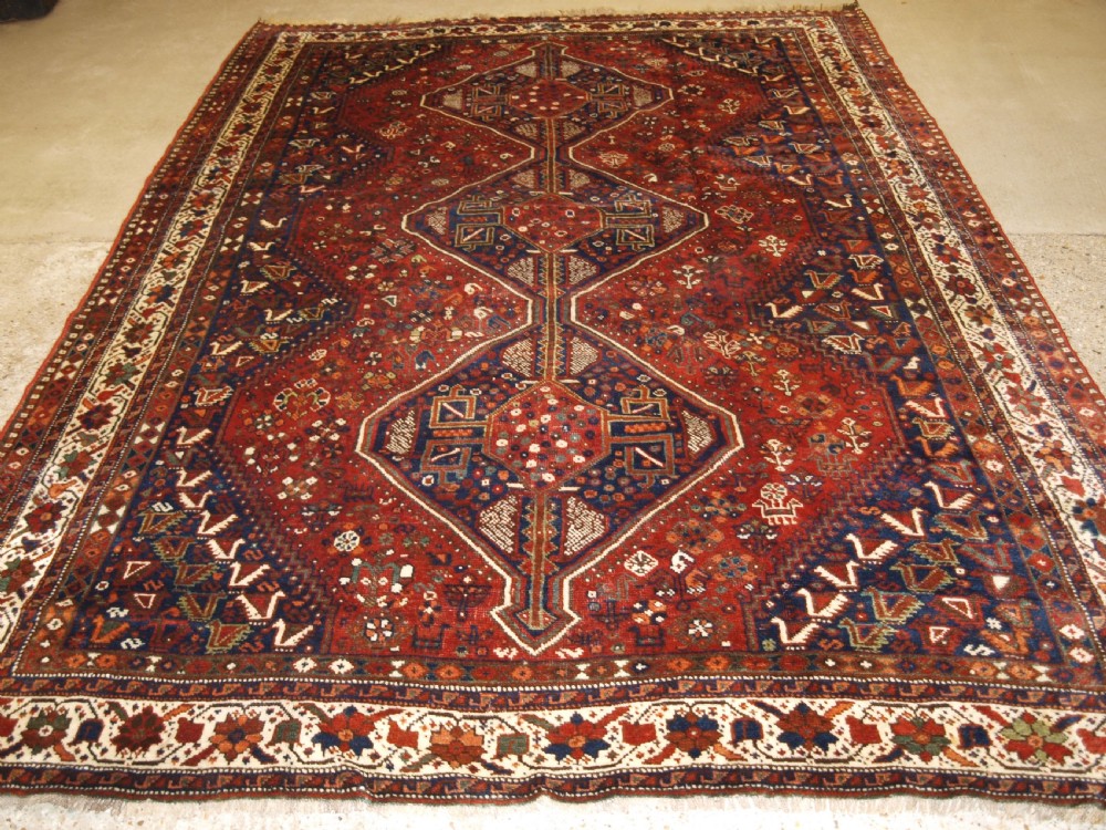 OLD SOUTH WEST PERSIAN SHIRAZ REGION TRIPLE MEDALLION CARPET WITH TRIBAL DESIGN, GREAT CONDITION, CIRCA 1920. View II