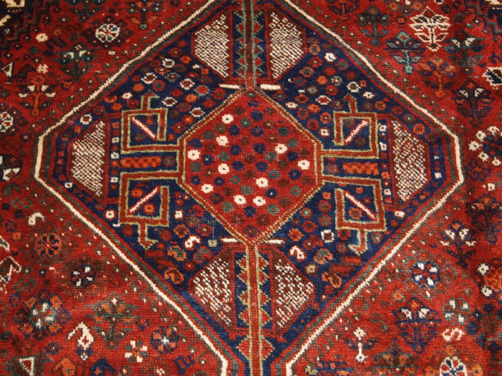 OLD SOUTH WEST PERSIAN SHIRAZ REGION TRIPLE MEDALLION CARPET WITH TRIBAL DESIGN, GREAT CONDITION, CIRCA 1920. View VIII