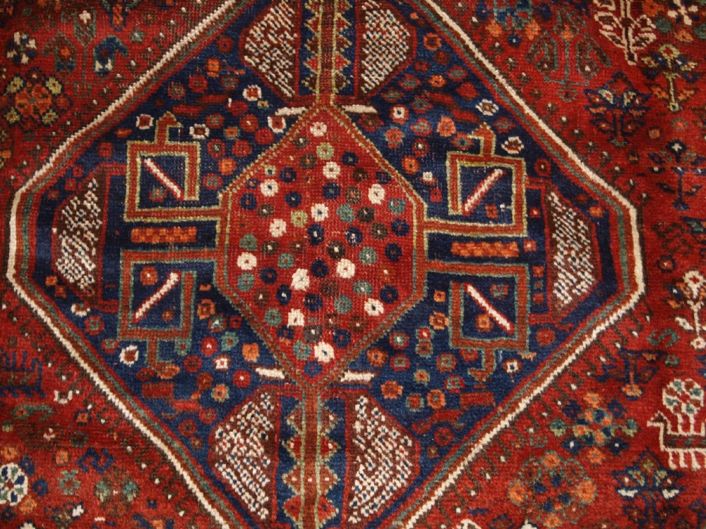 OLD SOUTH WEST PERSIAN SHIRAZ REGION TRIPLE MEDALLION CARPET WITH TRIBAL DESIGN, GREAT CONDITION, CIRCA 1920. View XI