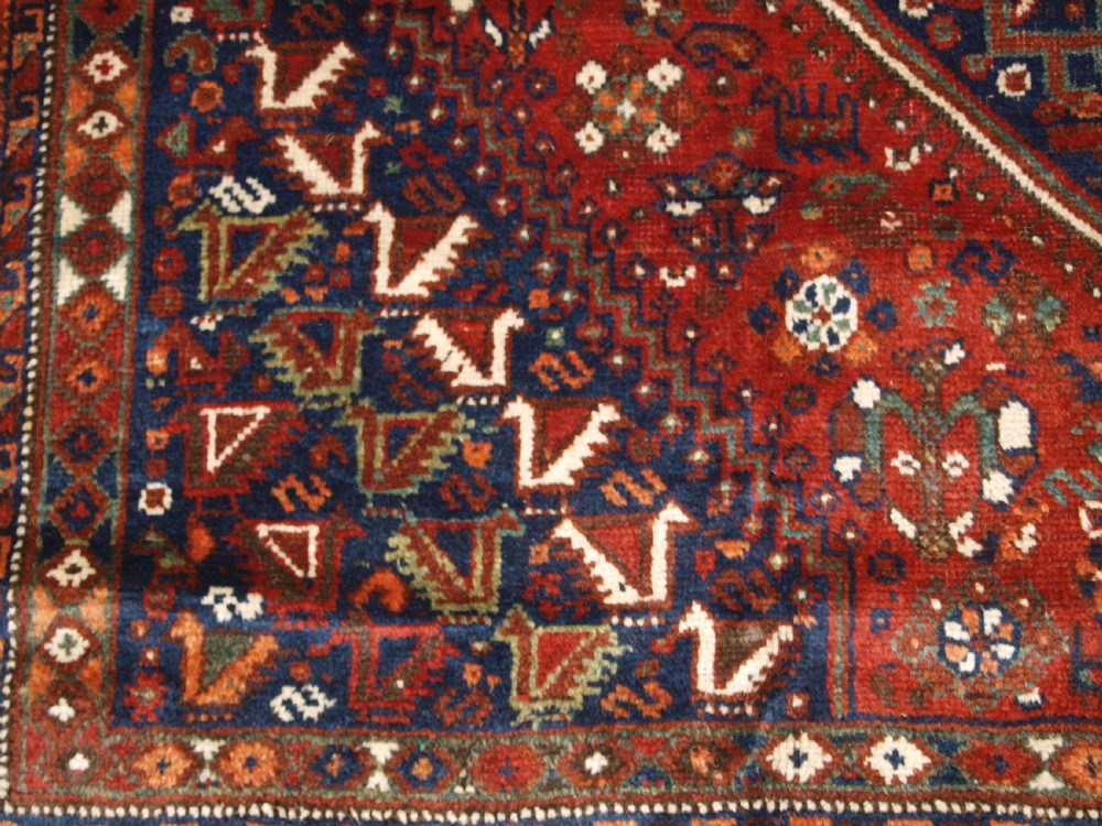 OLD SOUTH WEST PERSIAN SHIRAZ REGION TRIPLE MEDALLION CARPET WITH TRIBAL DESIGN, GREAT CONDITION, CIRCA 1920. View XII