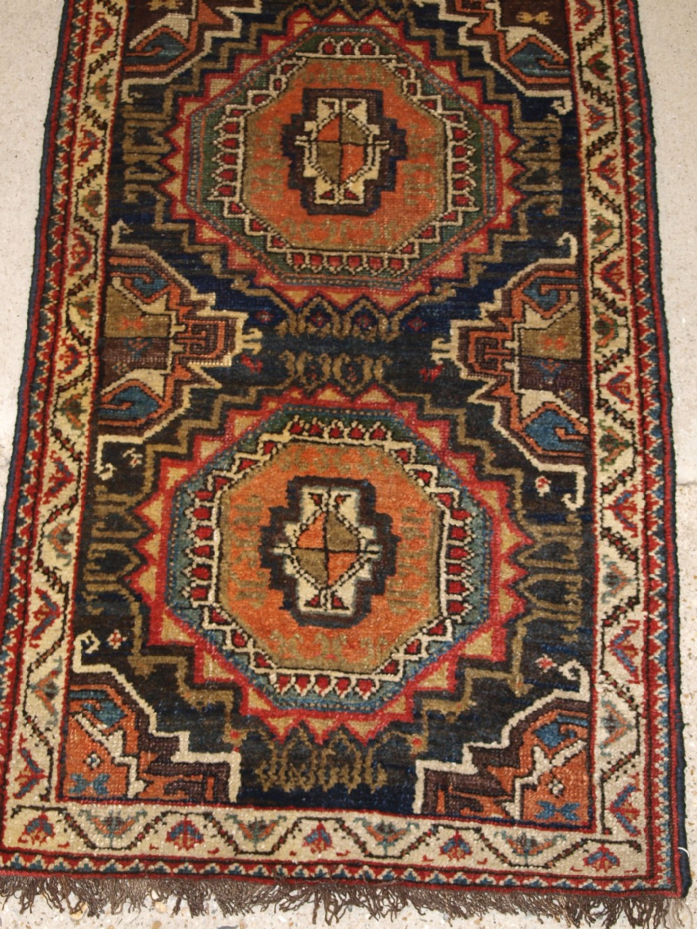 ANTIQUE PERSIAN RUNNER BY THE LURI TRIBE, UNUSUAL DESIGN WITH TURKMEN GULS, NARROW SMALL SIZE, CIRCA 1900. View VI