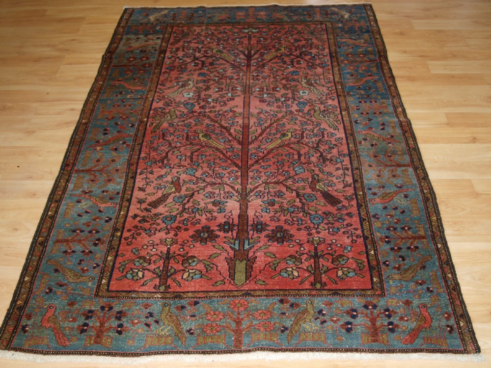 OLD NORTH WEST PERSIAN HAMADAN RUG, PARADISE GARDEN DESIGN, TREE WITH BIRDS, CIRCA 1920. View II