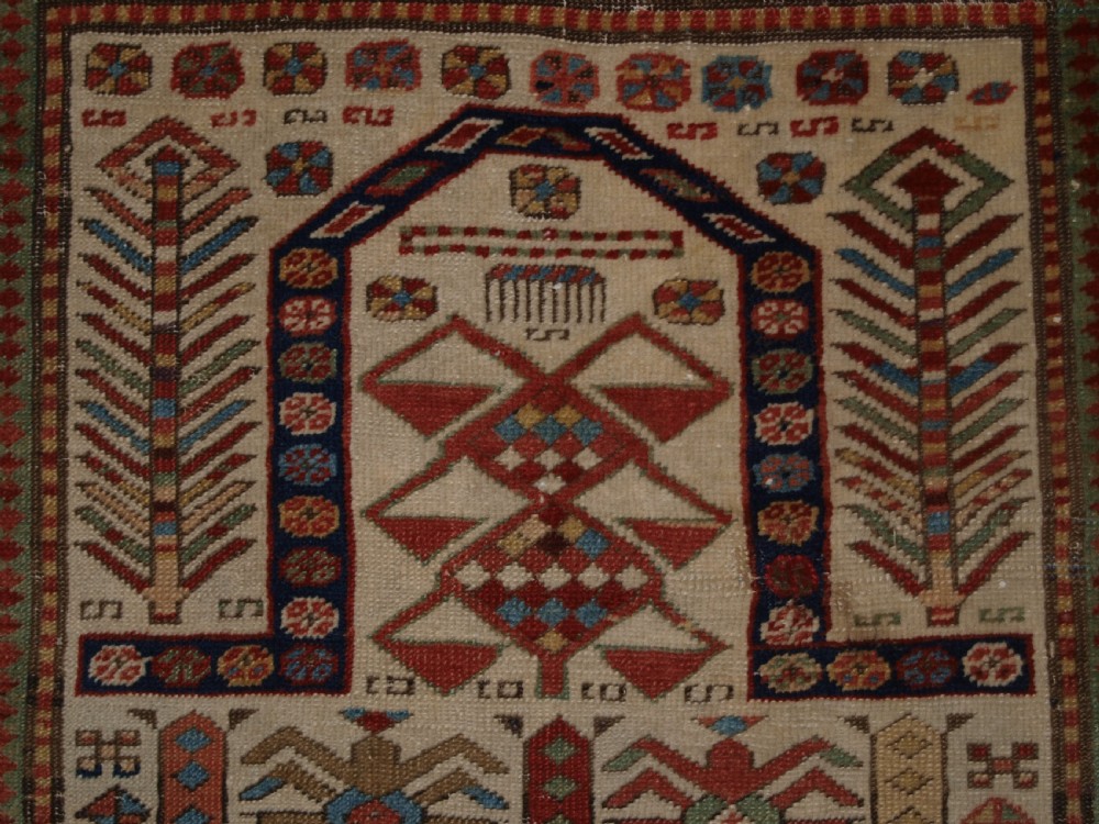 ANTIQUE CAUCASIAN AKSTAFA PRAYER RUG, IVORY GROUND WITH SUPERB COLOUR, 2ND HALF 19TH CENTURY. View VIII