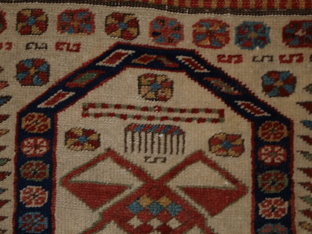 ANTIQUE CAUCASIAN AKSTAFA PRAYER RUG, IVORY GROUND WITH SUPERB COLOUR, 2ND HALF 19TH CENTURY. View XIII