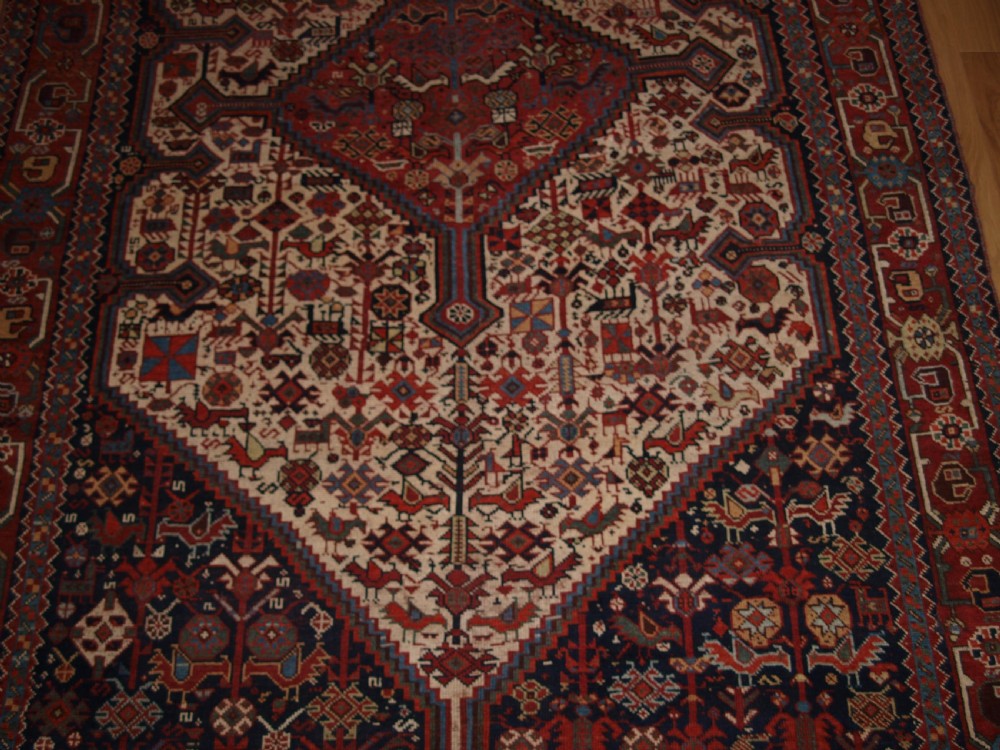 ANTIQUE SOUTH WEST PERSIAN TRIBAL KHAMSEH BIRD RUG, OUTSTANDING CONDITION, CIRCA 1880. View V