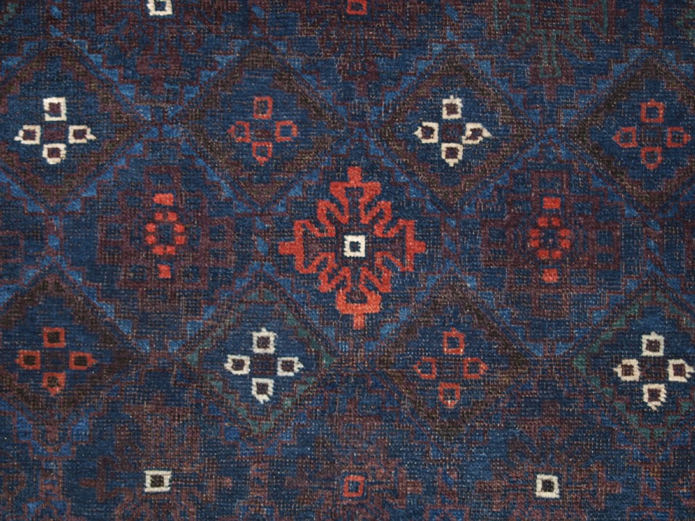 ANTIQUE BALUCH RUG WITH LATTICE DESIGN IN SUPERB BLUES, BOAT BORDER, LATE 19TH CENTURY. View IX