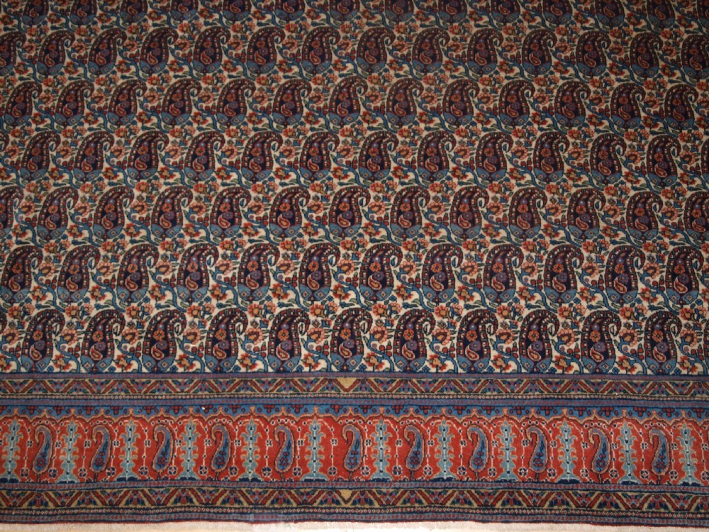 OLD PERSIAN QUM CARPET WITH ALL OVER BOTEH DESIGN, EXCELLENT CONDITION, CIRCA 1920. View V