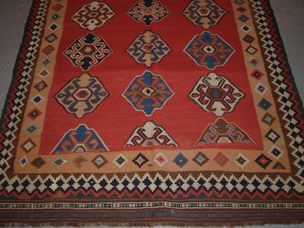 ANTIQUE SOUTH WEST PERSIAN QASHQAI KILIM WITH SUPERB COLOUR AND DESIGN, CIRCA 1900. View V