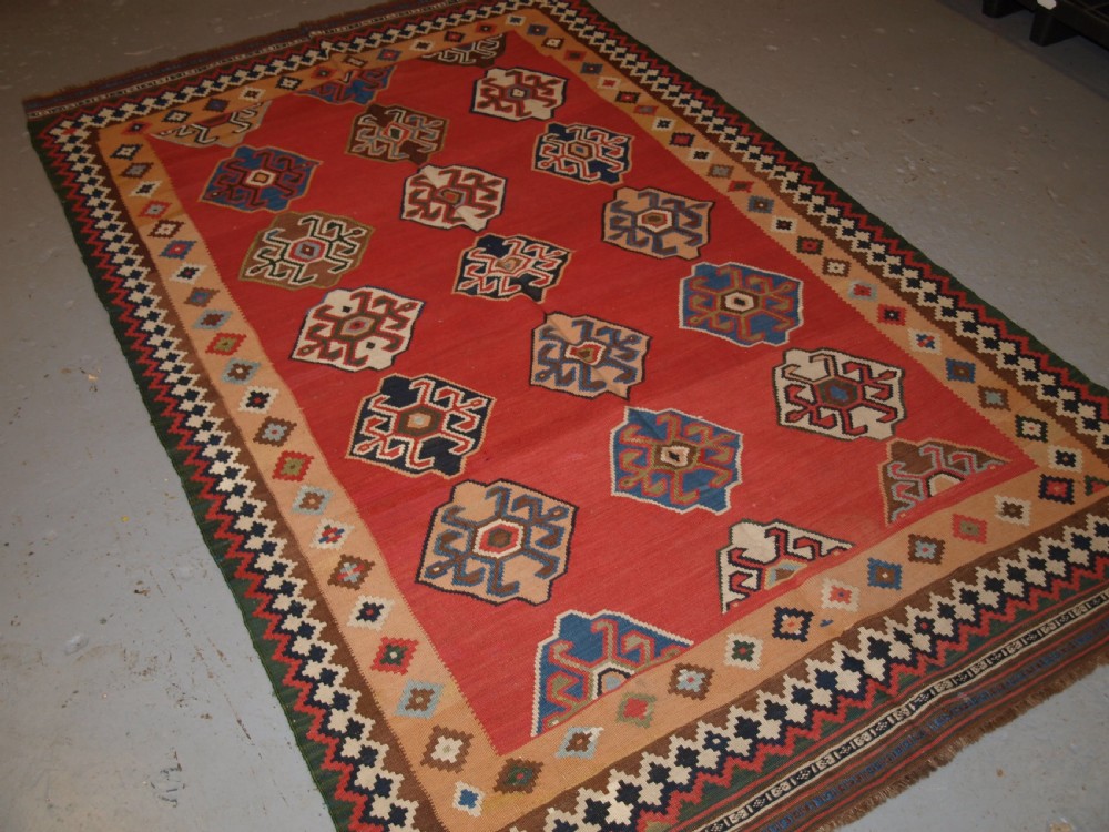 ANTIQUE SOUTH WEST PERSIAN QASHQAI KILIM WITH SUPERB COLOUR AND DESIGN, CIRCA 1900. View X