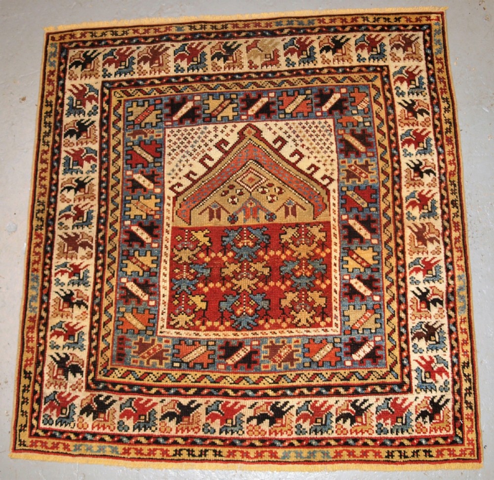 ANTIQUE TURKISH KOZAK VILLAGE PRAYER RUG, SMALL SQUARE SIZE, SCARCE ITEM, 2ND HALF 19TH CENTURY.