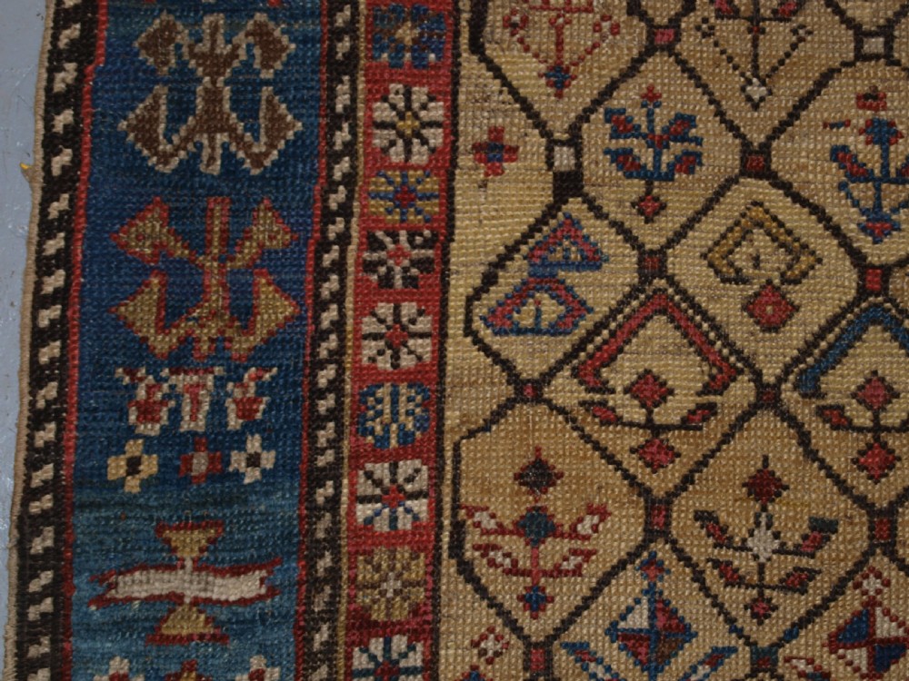 ANTIQUE CAUCASIAN DAGESTAN PRAYER RUG, YELLOW GROUND LATTICE DESIGN, 2ND HALF 19TH CENTURY. View III