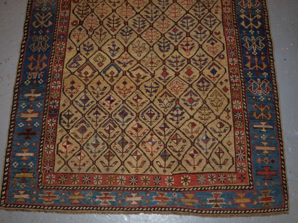 ANTIQUE CAUCASIAN DAGESTAN PRAYER RUG, YELLOW GROUND LATTICE DESIGN, 2ND HALF 19TH CENTURY. View V