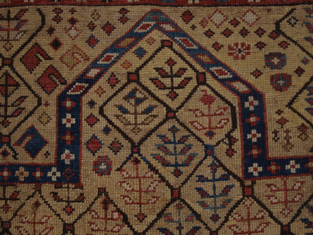 ANTIQUE CAUCASIAN DAGESTAN PRAYER RUG, YELLOW GROUND LATTICE DESIGN, 2ND HALF 19TH CENTURY. View VI
