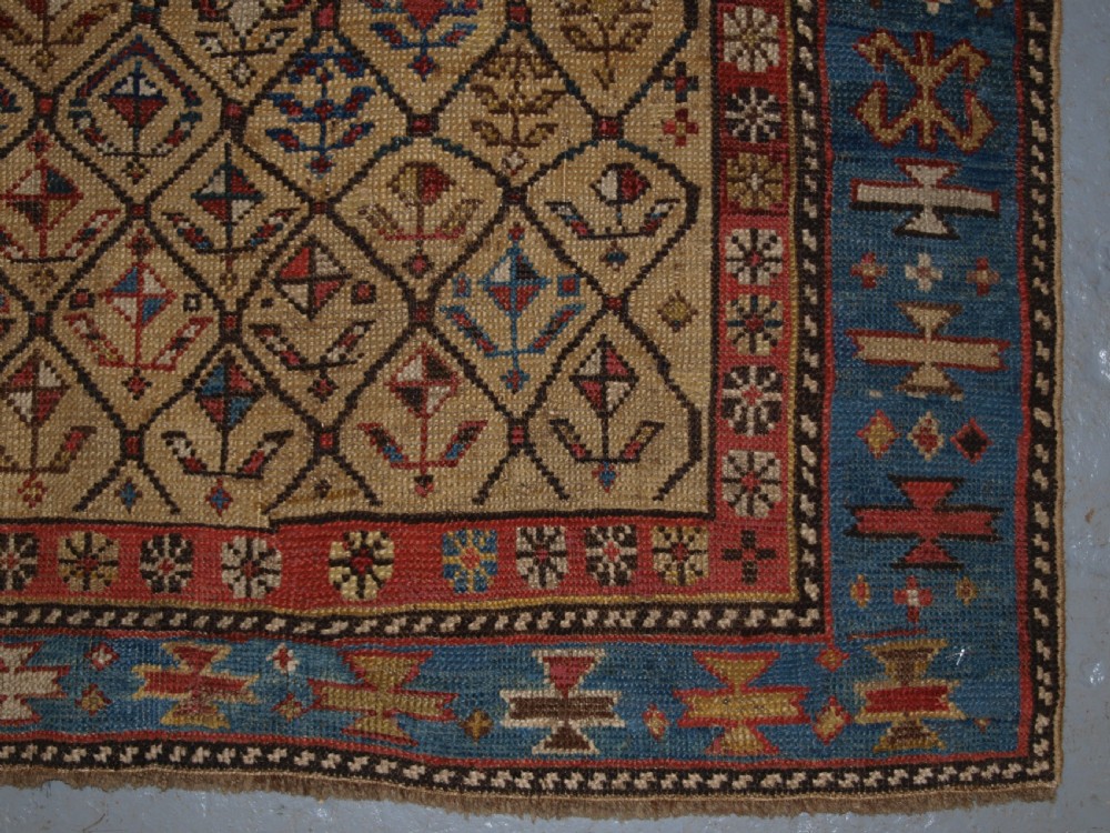 ANTIQUE CAUCASIAN DAGESTAN PRAYER RUG, YELLOW GROUND LATTICE DESIGN, 2ND HALF 19TH CENTURY. View XI