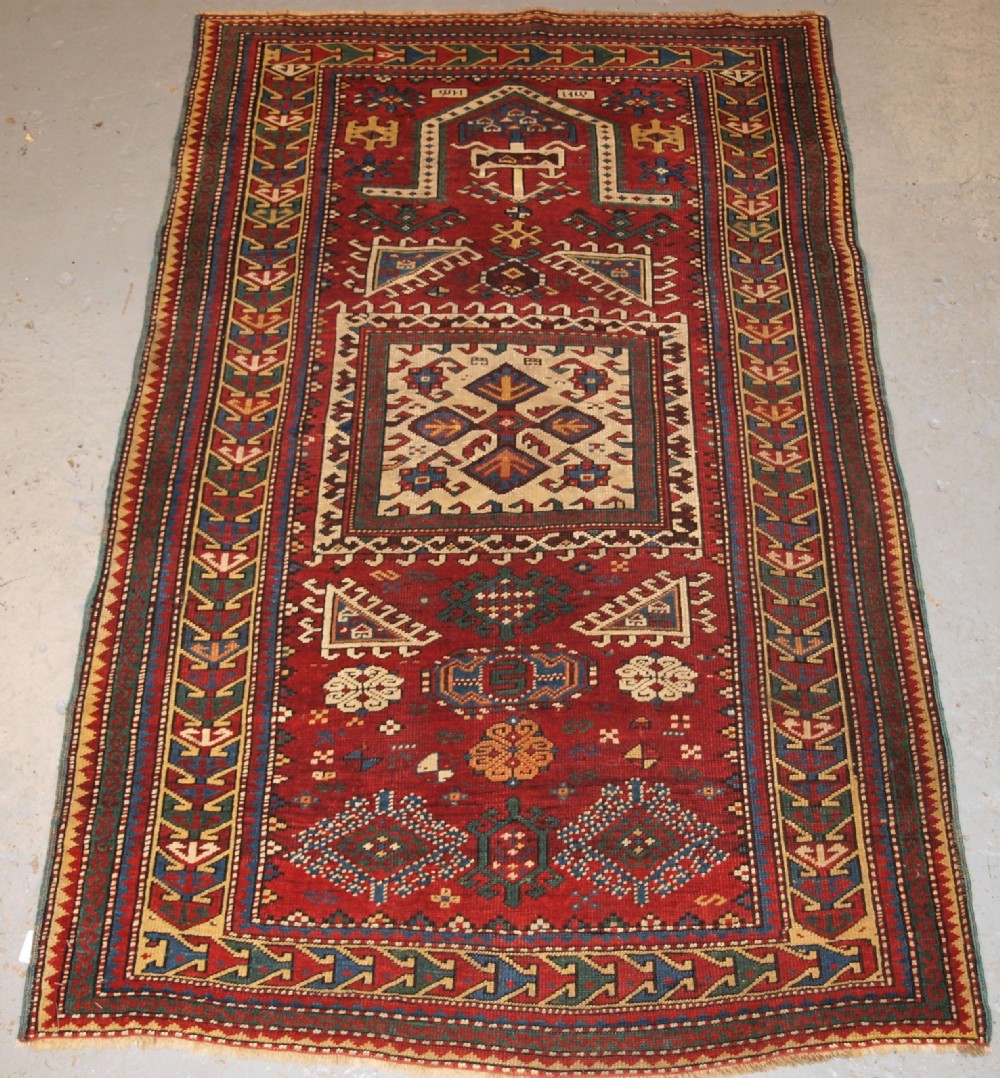 ANTIQUE CAUCASIAN KAZAK PRAYER RUG, PROBABLY FACHRALO, LATE 19TH CENTURY.