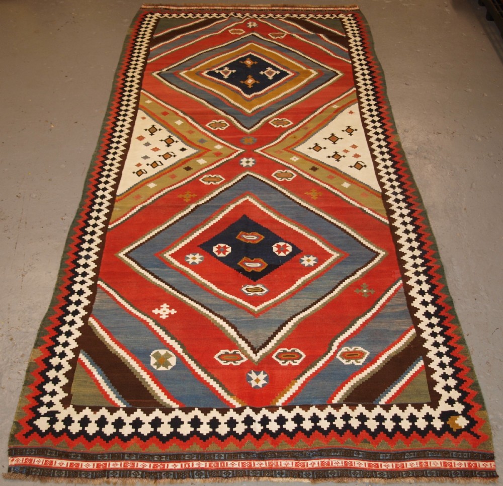 ANTIQUE QASHQAI KILIM, BOLD GRAPHIC DESIGN, GREAT COLOUR, LATE 19TH CENTURY.
