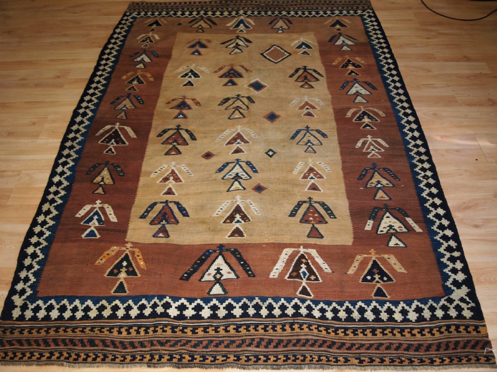 ANTIQUE QASHQAI TRIBAL KILIM, SCARCE DESIGN, LATE 19TH CENTURY.