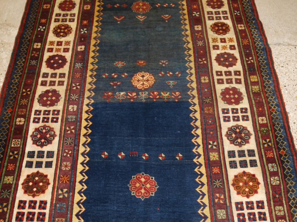 ANTIQUE CAUCASIAN TALISH LONG RUG, ABRASHED BLUE FIELD, LATE 19TH CENTURY. View V