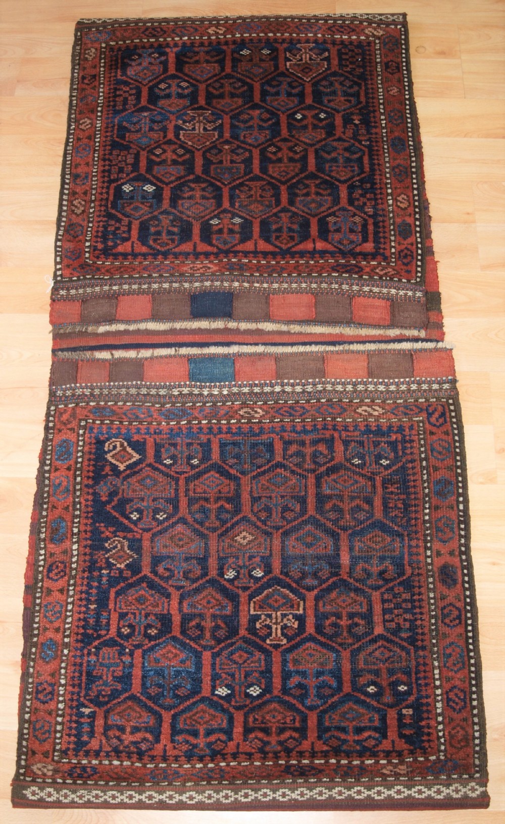 ANTIQUE TIMURI BALUCH SADDLE BAGS, OPENED FOR DISPLAY, SUPERB CONDITION, LATE 19TH CENTURY.