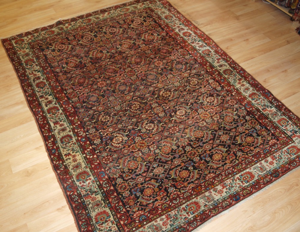 An antique hand-knotted Malayer rug displaying a detailed dark navy and red Herati lattice pattern framed by an ivory floral border.