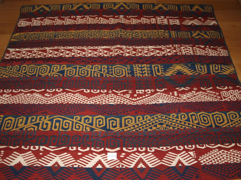 ANTIQUE UZBEK GAJARI KILIM, STRIKING DESIGN AND COLOUR, CIRCA 1900/20.