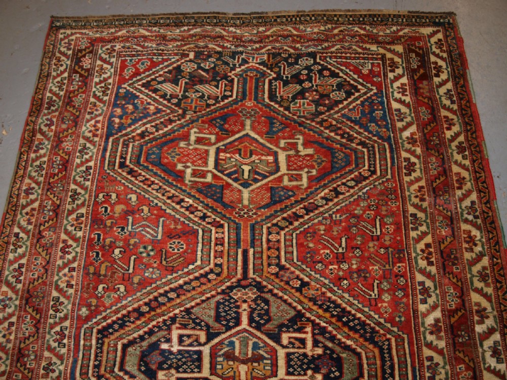 ANTIQUE TRIBAL QASHQAI RUG, TRIPLE MEDALLION WITH SUPERB COLOUR, LATE 19TH CENTURY. View IV