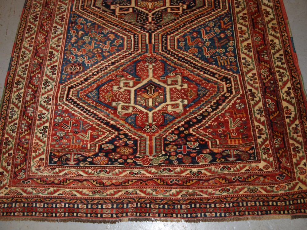 ANTIQUE TRIBAL QASHQAI RUG, TRIPLE MEDALLION WITH SUPERB COLOUR, LATE 19TH CENTURY. View VI