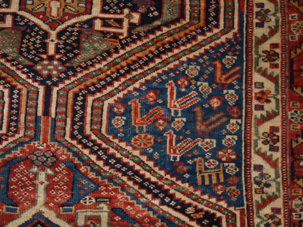 ANTIQUE TRIBAL QASHQAI RUG, TRIPLE MEDALLION WITH SUPERB COLOUR, LATE 19TH CENTURY. View XI