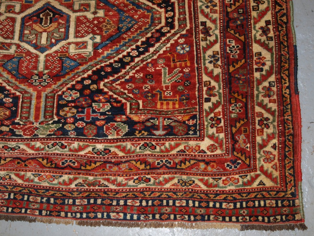 ANTIQUE TRIBAL QASHQAI RUG, TRIPLE MEDALLION WITH SUPERB COLOUR, LATE 19TH CENTURY. View XII