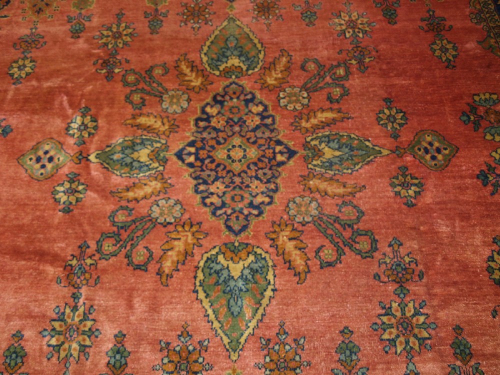 ANTIQUE PERSIAN ZIEGLER MAHAL, ROSE CORAL GROUND, SMALL MEDALLION DESIGN, LATE 19TH CENTURY. View X