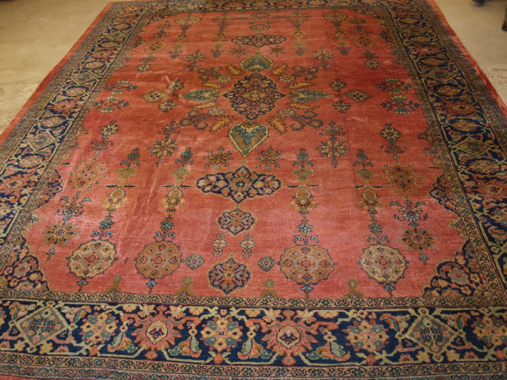 ANTIQUE PERSIAN ZIEGLER MAHAL, ROSE CORAL GROUND, SMALL MEDALLION DESIGN, LATE 19TH CENTURY. View XIII