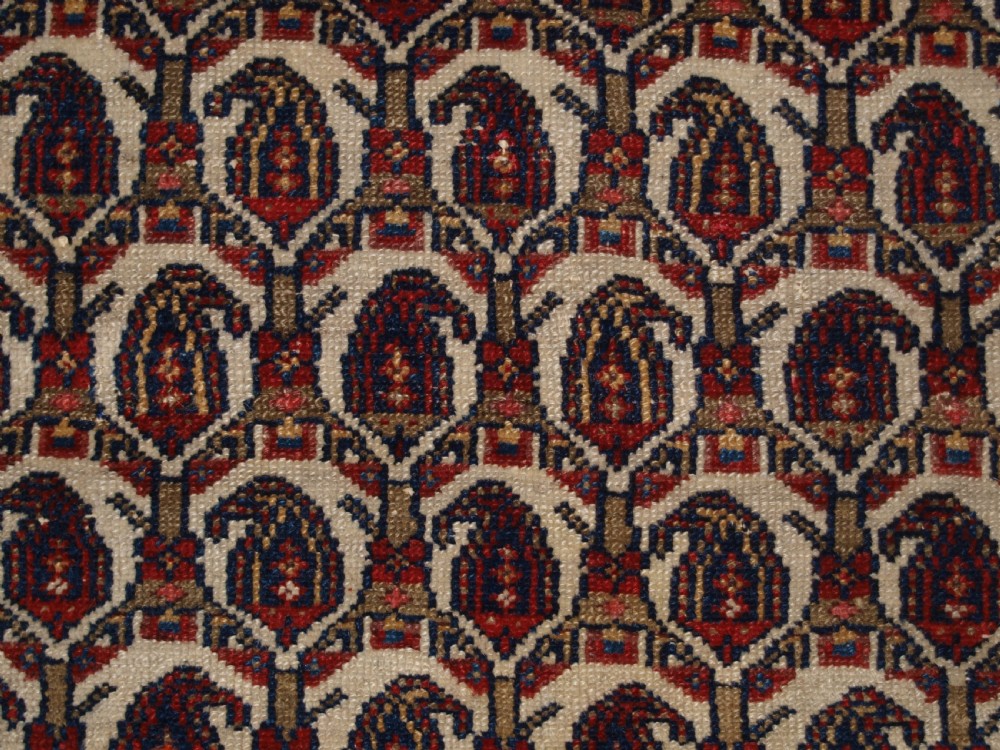 An antique Hamadan hand-knotted wool rug featuring a repeating boteh pattern on an ivory field surrounded by a deep blue border with stylized motifs. View VII