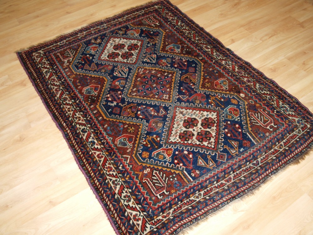 OLD SHIRAZ RUG, PEACOCKS AND CHICKENS, CIRCA 1920. View II