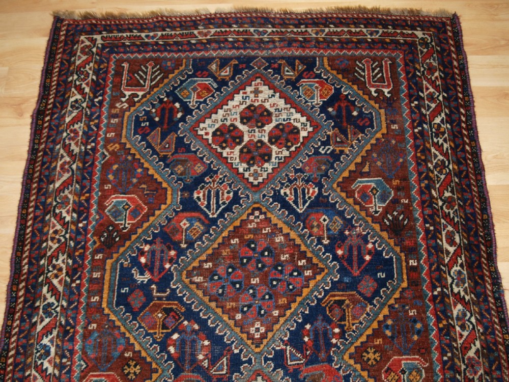 OLD SHIRAZ RUG, PEACOCKS AND CHICKENS, CIRCA 1920. View IV
