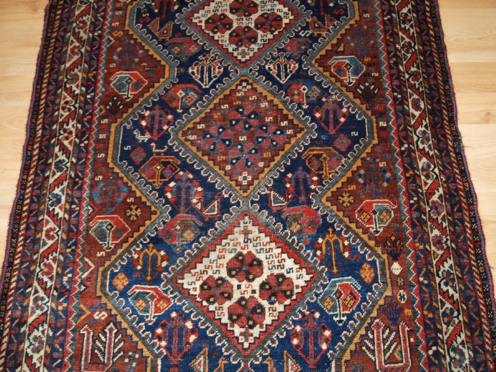 OLD SHIRAZ RUG, PEACOCKS AND CHICKENS, CIRCA 1920. View V