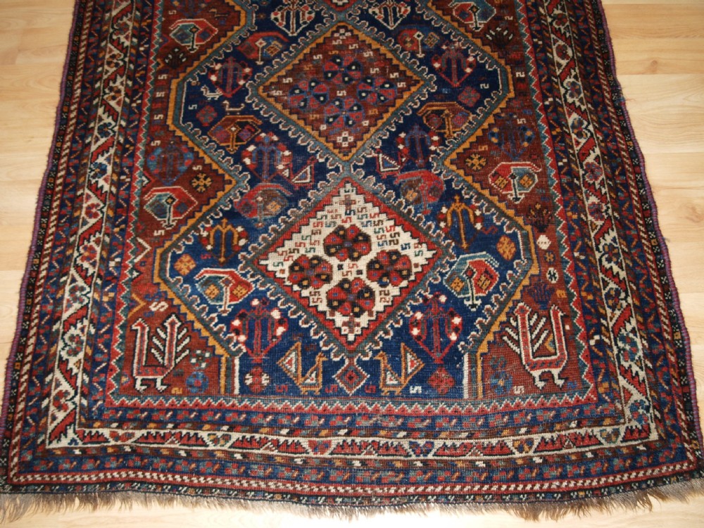 OLD SHIRAZ RUG, PEACOCKS AND CHICKENS, CIRCA 1920. View VI