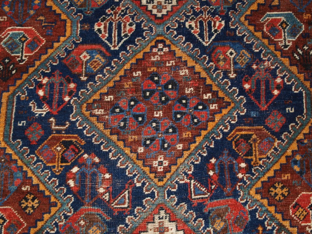 OLD SHIRAZ RUG, PEACOCKS AND CHICKENS, CIRCA 1920. View VII