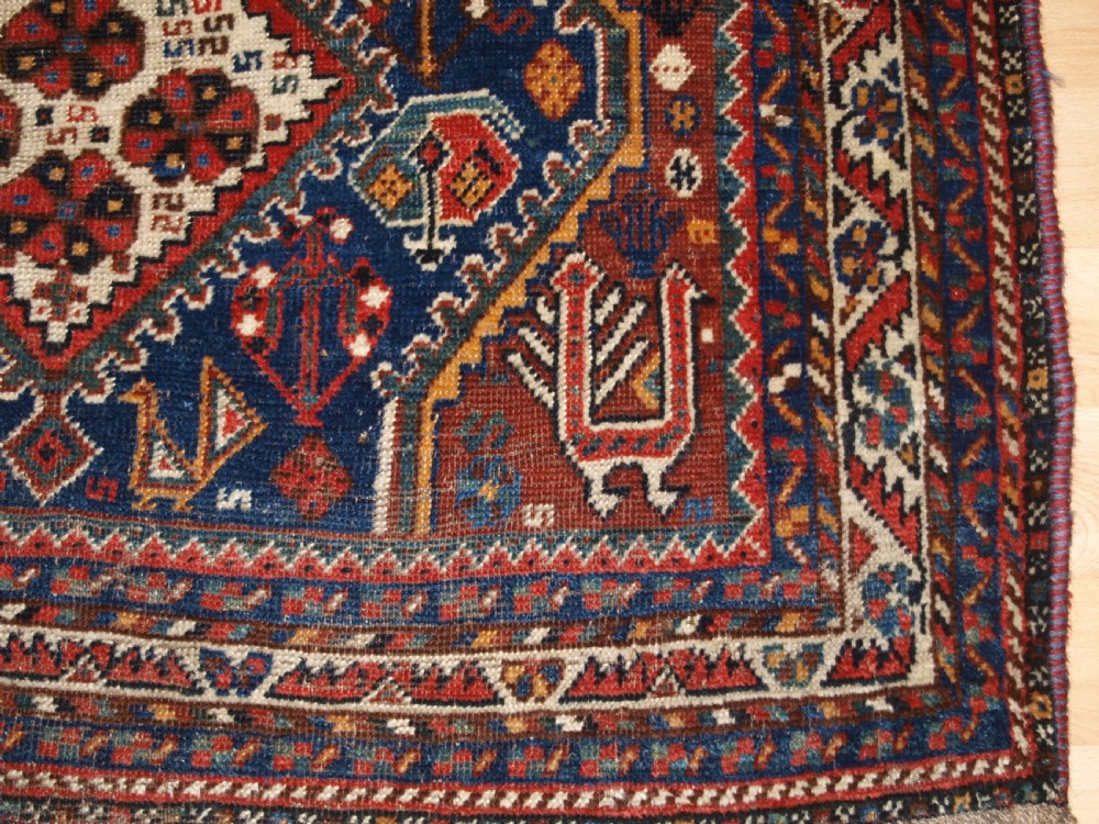 OLD SHIRAZ RUG, PEACOCKS AND CHICKENS, CIRCA 1920. View IX