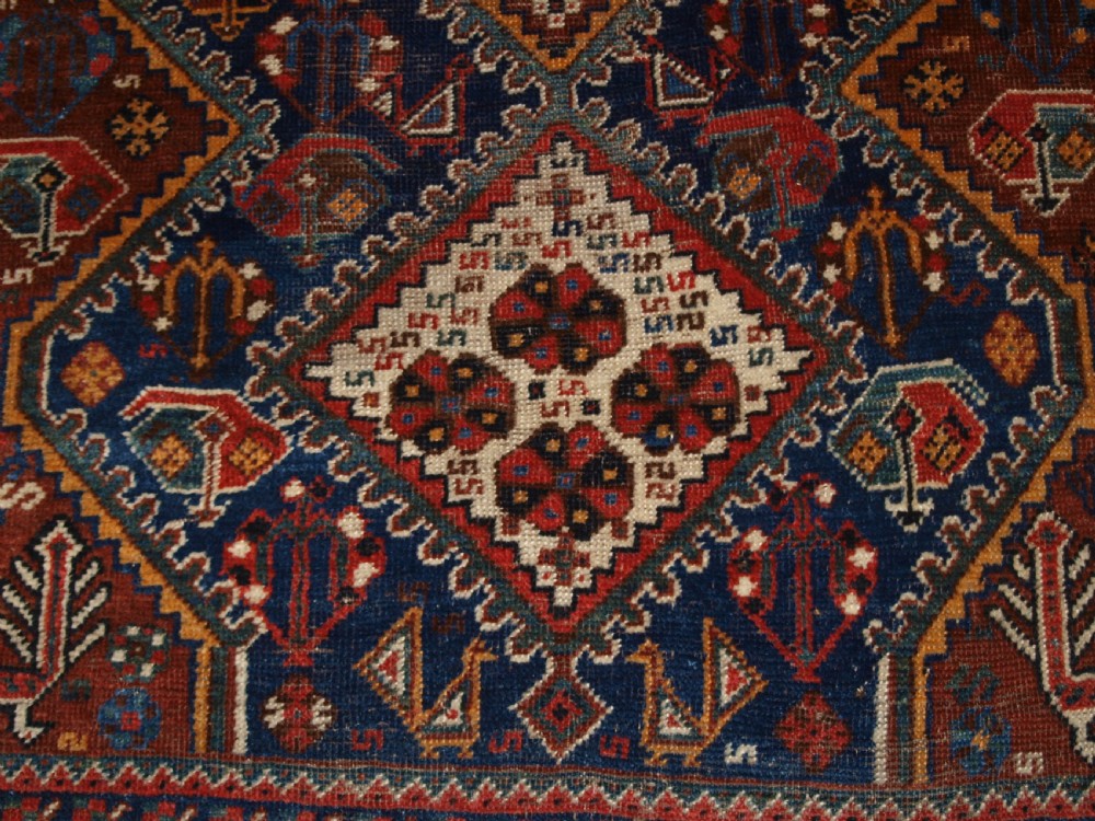 OLD SHIRAZ RUG, PEACOCKS AND CHICKENS, CIRCA 1920. View X