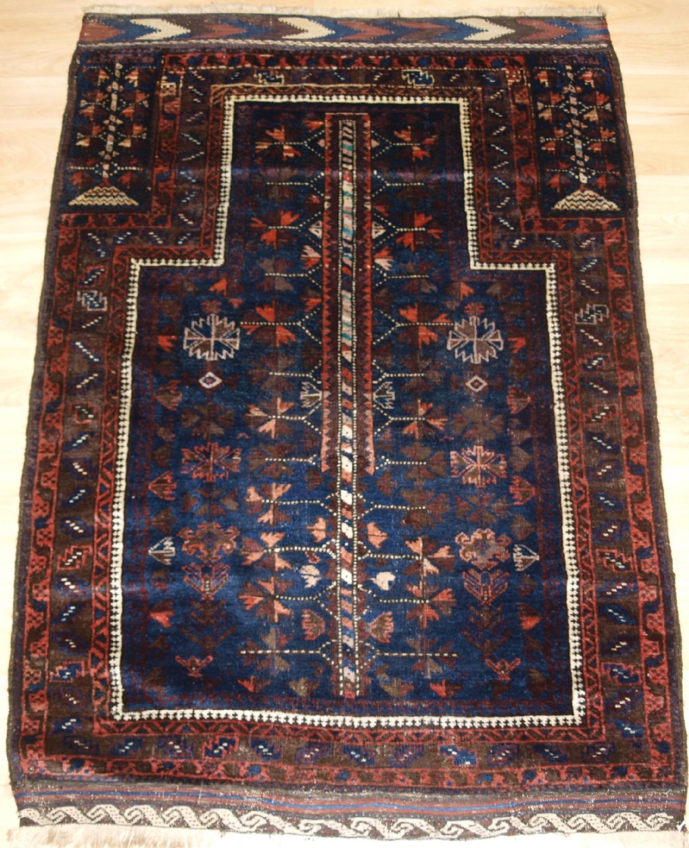 ANTIQUE BALUCH PRAYER RUG, BLUE GROUND WITH TREE OF LIFE, LATE 19TH CENTURY.