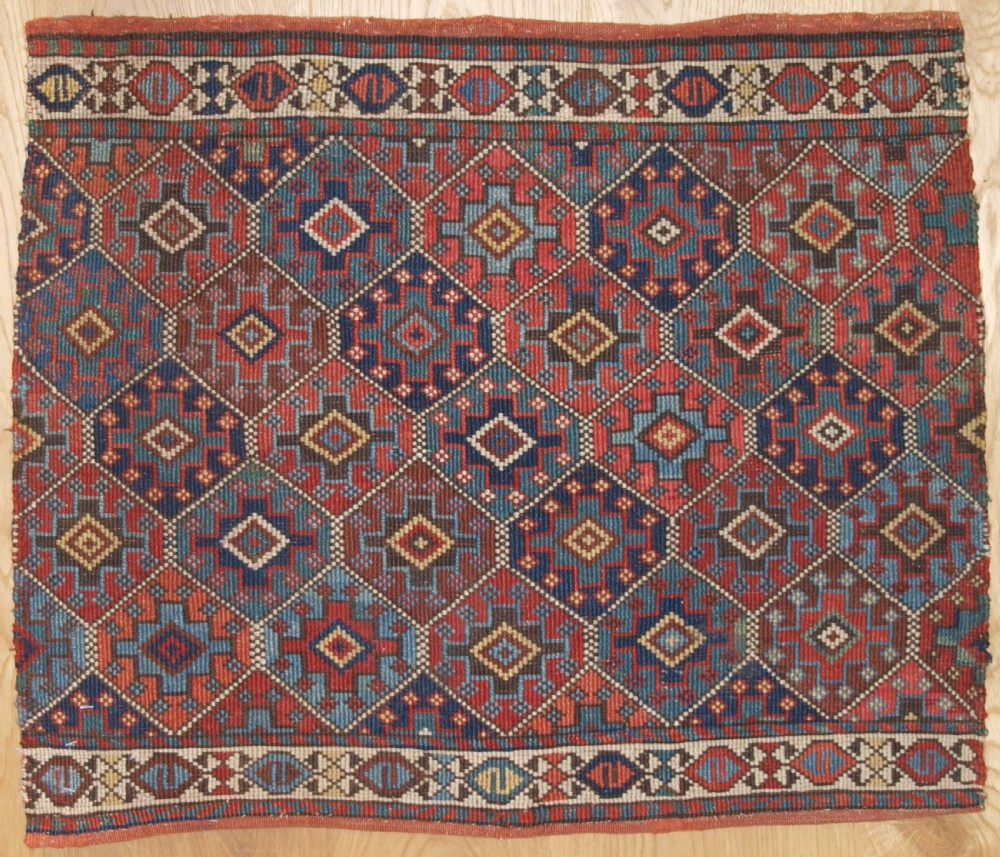 ANTIQUE SHAHSAVAN MAFRASH PANEL IN REVERSE SOUMAK TECHNIQUE, CIRCA 1890.