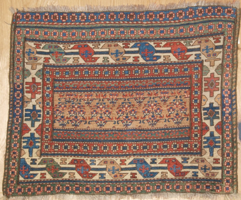 ANTIQUE SHAHSAVAN SOUMAK MAFRASH PANEL OF SCARCE DESIGN, CIRCA 1890.